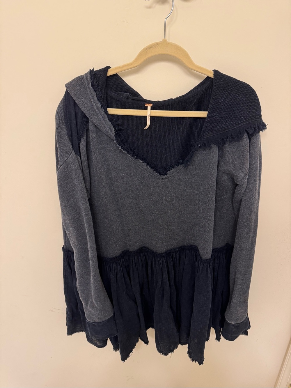 Free People Two-Tone Charcoal Gray & Black V-Neck Hooded Peplum Sweater